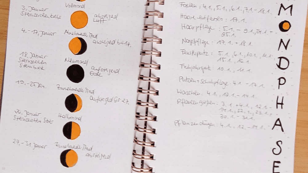 Moon Journaling im Bullet Journal: Mondphasen-Seiten mit Neumond, Halbmond und Vollmond