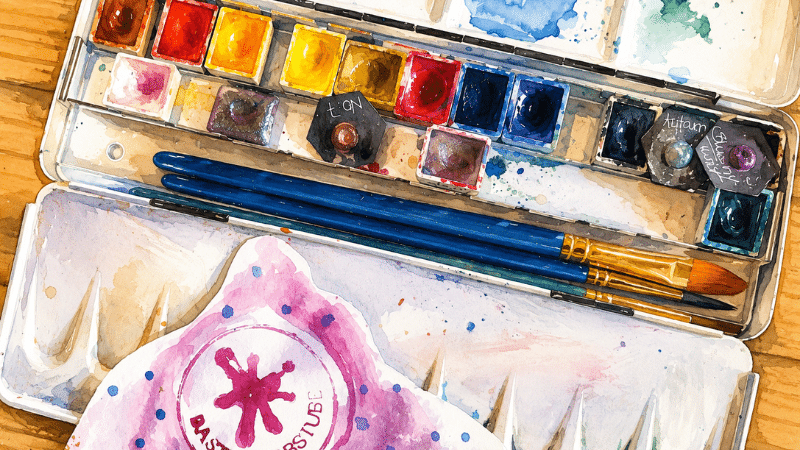 Aquarellfarbe im Art Journal — Materialübersicht mit Pinsel, Farbnäpfchen und Papierblock